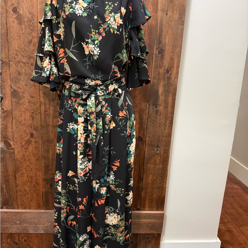 Flying Tomato Black Floral Maxi Dress with Green and Orange Accents